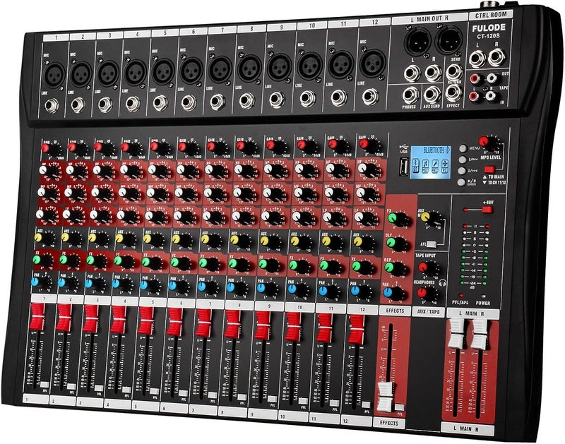 FULUODE 12 Channel Mixer Audio Console, CT-120S Professional Music Mixer DJ Mixing Board with Reverb Bluetooth MP3 Player 48V Phantom Power Supply USB Recording for Studio Karaoke Live Performance - Image 1